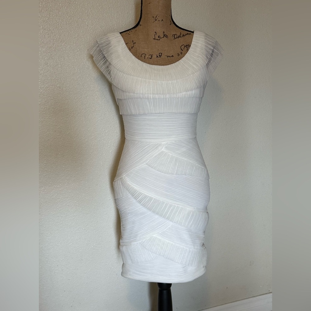 BCBGMaxAzria White Bodycon Midi Dress with Flutter Cap Sleeves